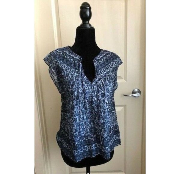 Rebecca Taylor Silk Cotton Blouse Womens 0 Blue Sleeveless Paisley Peasant Top - Picture 2 of 7